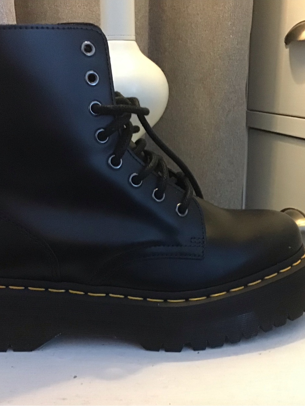 NWOT Dr. Martens Black Leather JadonPlatform Lace-Up Boots with Yellow Stitching - Picture 2 of 13